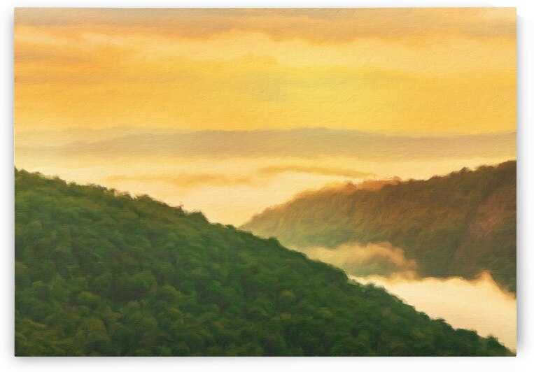 Painting of Cheat River gorge at sunrise near Raven Rock by Steve Heap