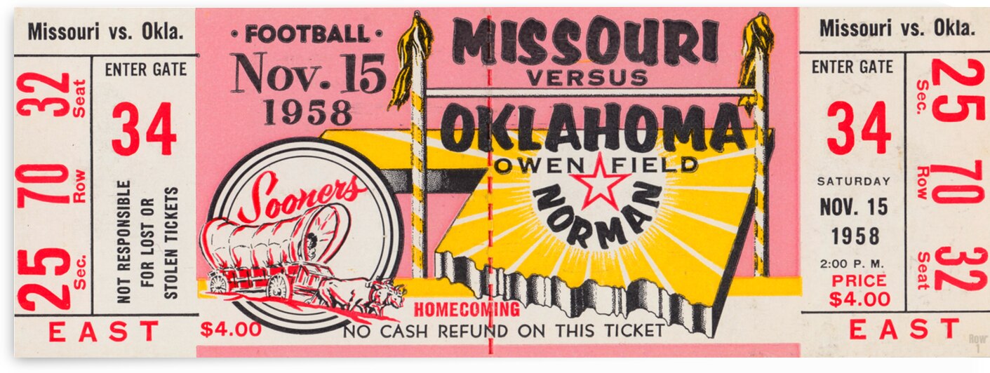 1958 Missouri vs. Oklahoma Football Ticket Art by Row One Brand
