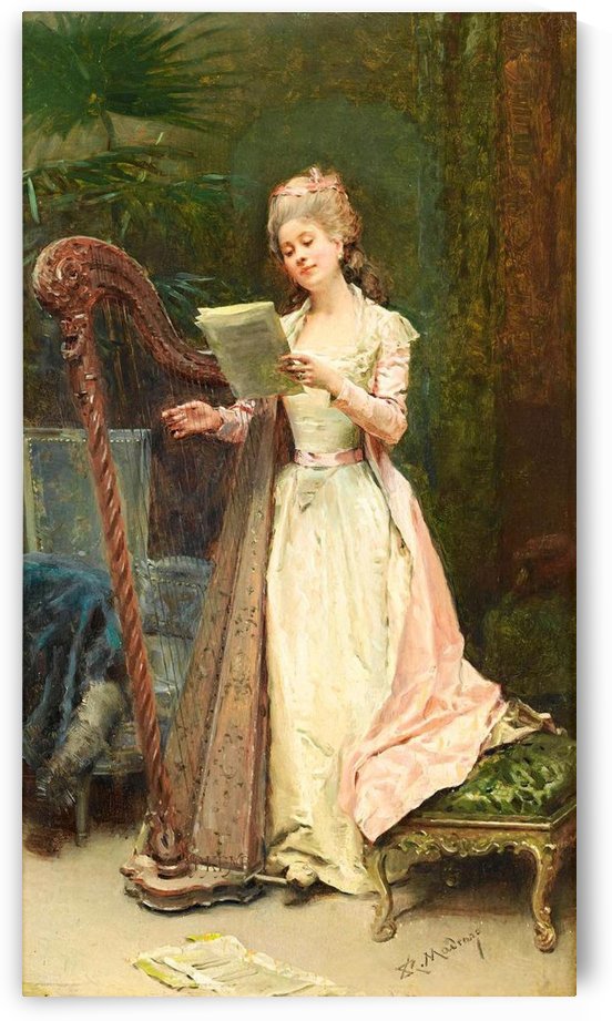 A young woman playing the harp by Ricardo de Madrazo y Garreta