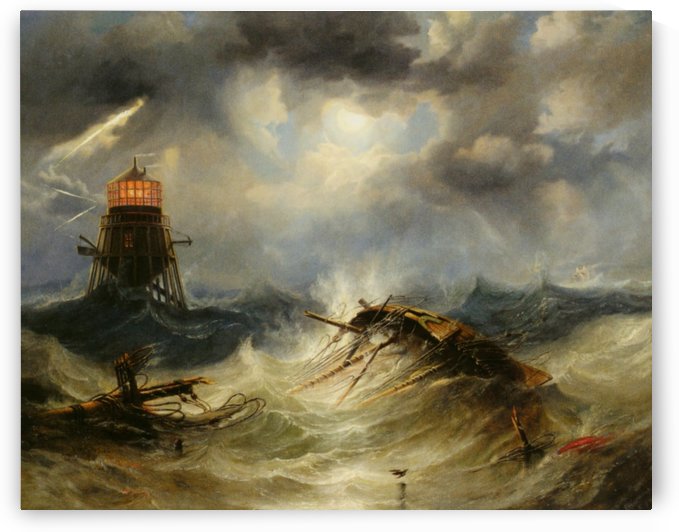 A stormy day on the sea and the lighthouse by John Wilson Carmichael
