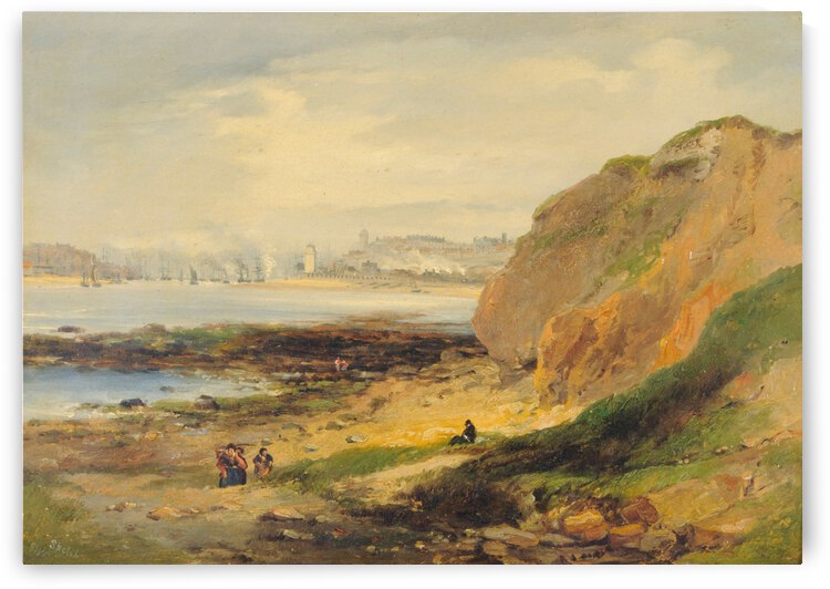 Landscape with boats near a distant city by John Wilson Carmichael