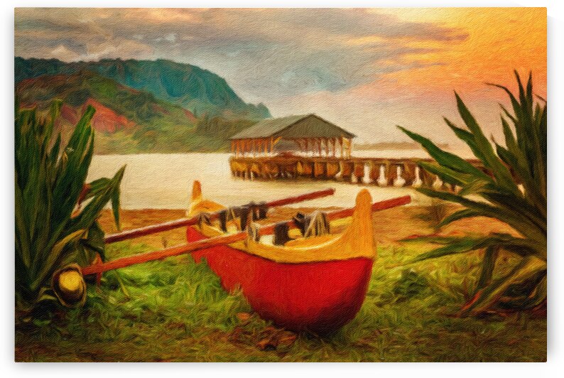 Painting of Hawaiian canoe by Hanalei Pier by Steve Heap