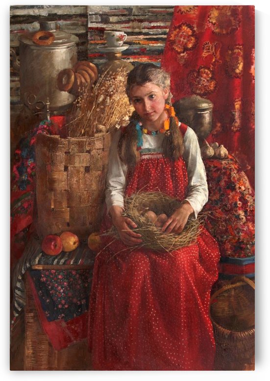 A little girl in a red dress by Sergei Semenovich Egornov