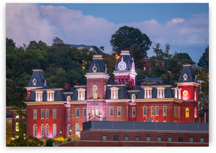 Woodburn Hall illuminated at dusk in Morgantown WV by Steve Heap