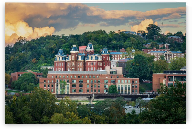 Brooks Hall and Woodburn Hall at sunset in Morgantown WV by Steve Heap