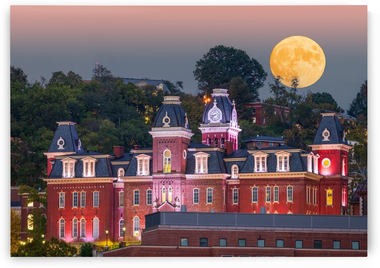 Moonrise over illuminated Woodburn Hall at WVU Morgantown by Steve Heap