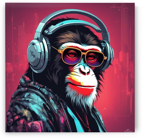 monkey with sunglasses and headphone smiling Cyberpunk style by AIGALLERY