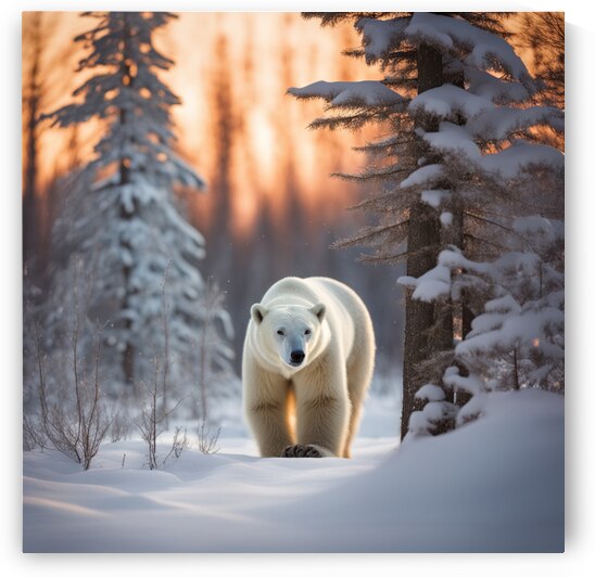 POLAR BEAR STANDING IN A SNOWY FOREST AT SUNSET by AIGALLERY
