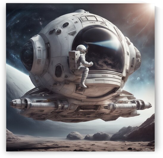 hyper realistic futuristic spaceship with an astronaut doing a space walk in front of the spaceship as it orbits the moon Star Wars styling by AIGALLERY