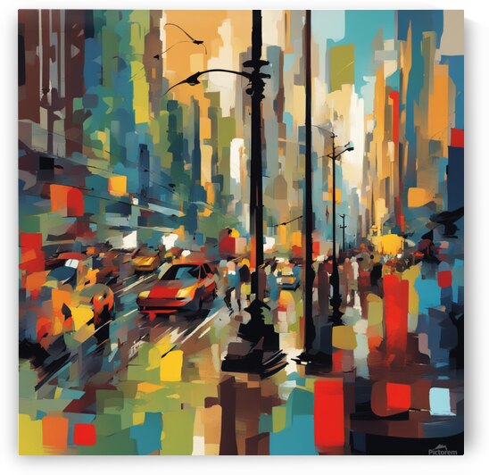 Generate an abstract masterpiece inspired by the rhythm of jazz music and the chaos of a busy city. Impressionism style by AIGALLERY
