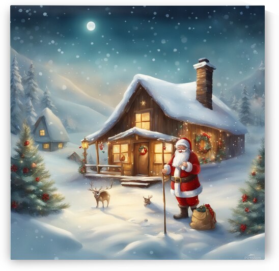 Create a festive Christmas postcard featuring a snowy winter landscape a cozy holiday cabin with twinkling lights and a jolly Santa Claus with a bag full of gifts. Add a heartwarming holiday message and some decorative elements to make it feel warm and in by AIGALLERY