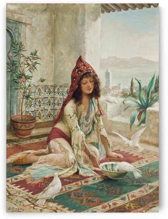 An Oriental woman feeding the pigeons by Delapoer Downing