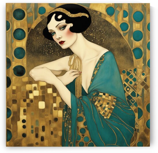 lady art deco gustav klimt gold teal  by AIGALLERY