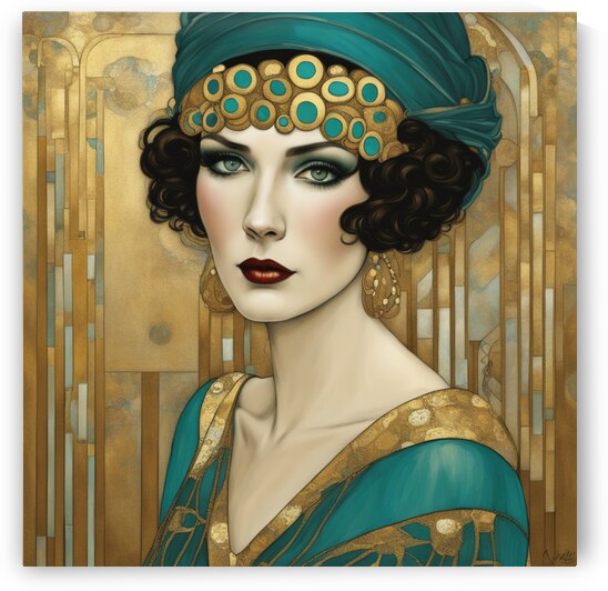 lady art deco gustav klimt gold teal  by AIGALLERY