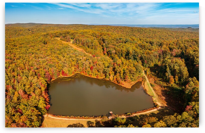 Aerial fall leaves around Coopers Rock reservoir in WV by Steve Heap