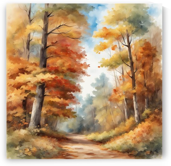 Autumn forest forest path without people beautiful autumn colors nice autumn leaves on the trees leaves on the ground cheerful blue sky with small white clouds beautiful landscape in style of Asher Brown Durand Watercolor style by AIGALLERY