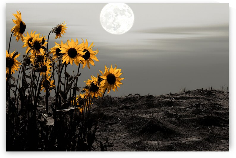 Harvest Moon – Golden Sunflowers by Moonlight Print by Savage Art Prints