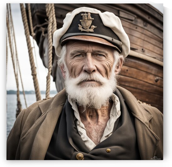 Old sailing ship captain face weathered with old wooden sailing ship in background  by AIGALLERY