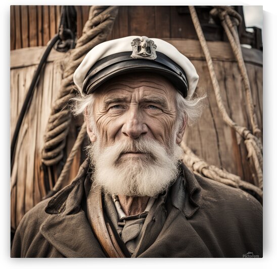 Old sailing ship captain face weathered with old wooden sailing ship in background  by AIGALLERY