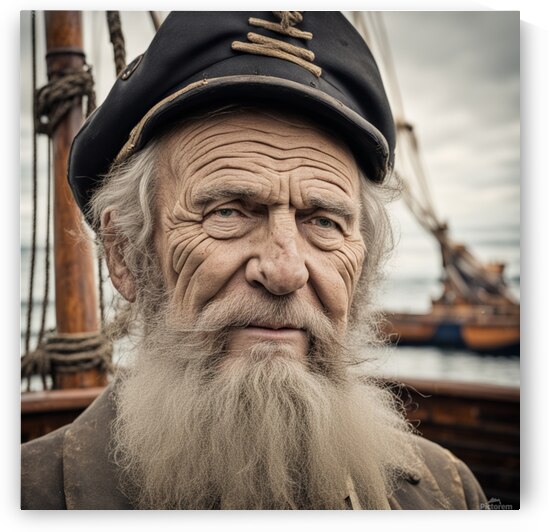 Old sailing ship captain face weathered with old wooden sailing ship in background  by AIGALLERY