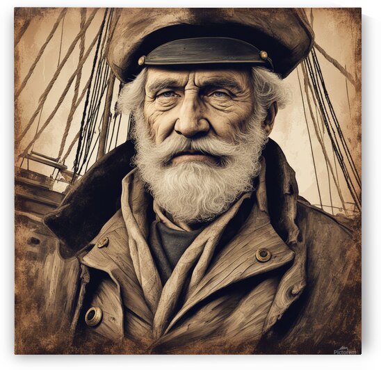 Old sailing ship captain face weathered with old wooden sailing ship in background  Illustration style by AIGALLERY
