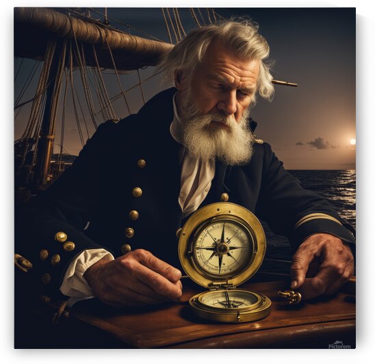 Old sailing ship captain looking at his old brass compass night time with ruff ocean behind him by AIGALLERY