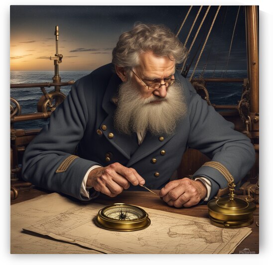 Old sailing ship captain looking at his old brass compass night time with ruff ocean behind him by AIGALLERY