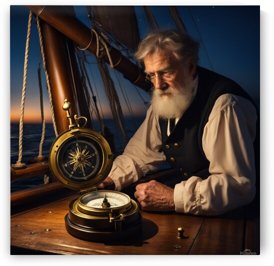 Old sailing ship captain looking at his old brass compass night time with ruff ocean behind him by AIGALLERY