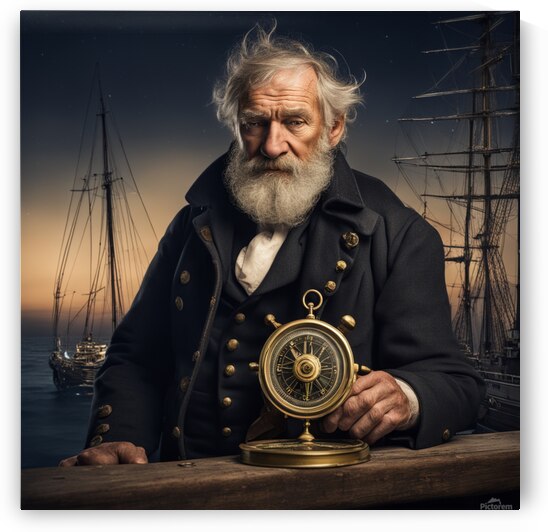 Old sailing ship captain weathered face looking at his old brass compass night time with ruff sea behind him by AIGALLERY