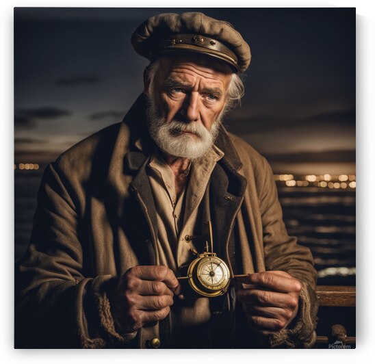 Old sailing ship captain weathered face looking at his old brass compass night time with ruff sea behind him by AIGALLERY