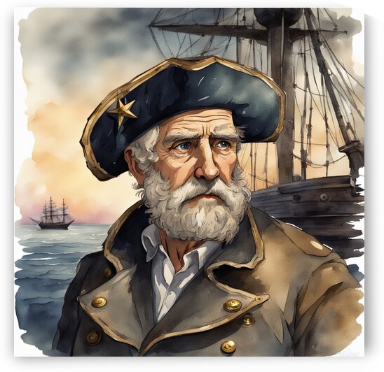 Old sailing ship captain weathered face looking at his old brass compass night time with ruff sea behind him Watercolor style by AIGALLERY