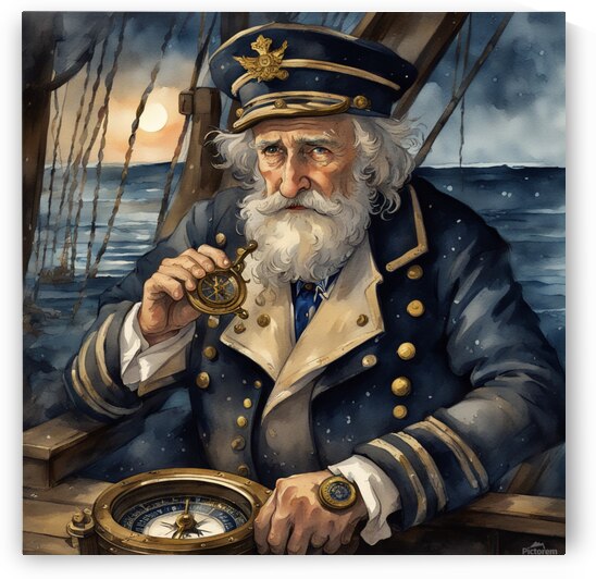 Old sailing ship captain weathered face looking at his old brass compass night time with ruff sea behind him Watercolor style by AIGALLERY