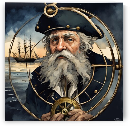 Old sailing ship captain weathered face looking at his old brass compass night time with ruff sea behind him Watercolor style by AIGALLERY
