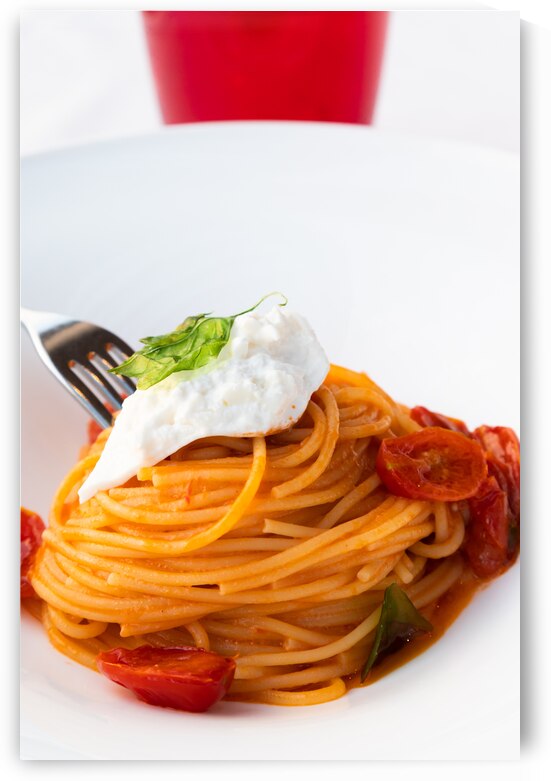 Italian pasta - spaghetti with burrata cheese closeup mediterra by Paolo Modena