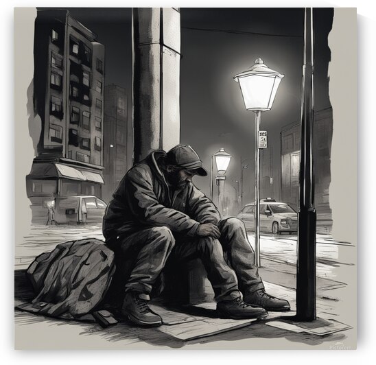 A homeless man sleeping on a street corner- street light pole- crossing lights- police officer looking away whistling and black billy being held in his hands-starting to get dark un the city Cyberpunk style by AIGALLERY