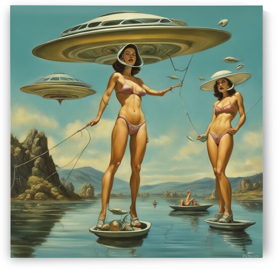 Aliensfishingboatlakebassflying saucers girls in bikinis Dali style by AIGALLERY