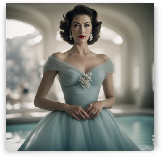 Intriguing perspective of a Ava Gardner. The translucent quality of her dress against a muted background creates a sense of aquatic serenity. Bloom translucent tilt-shift effect. shot with Fujifilm GFX 100 by AIGALLERY