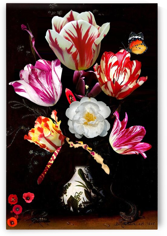 STILL LIFE WITH VARIEGATED TULIPS IN A CERAMIC VASE WITH A WASP DRAGONFLY BUTTERFLY & LIZARD by Gerry Chapleski