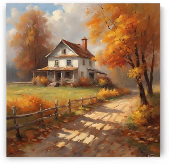 vintage   autumn country landcape with farmhouse   fall and sky leaves   oil painting old master   dynamic light   cinemaic light   glow background   vintage style   oil painting striking brushstrokes background grayish   by konstantin razumov   Jean Bapt by AIGALLERY