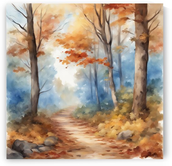 Autumn forest forest path without people beautiful autumn colors nice autumn leaves on the trees leaves on the ground cheerful blue sky with small white clouds beautiful landscape in style of Asher Brown Durand Watercolor style by AIGALLERY
