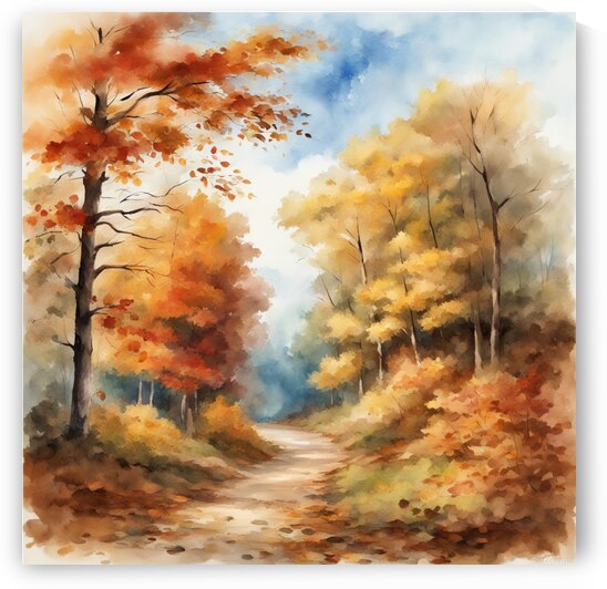 Autumn forest forest path without people beautiful autumn colors nice autumn leaves on the trees leaves on the ground cheerful blue sky with small white clouds beautiful landscape in style of Asher Brown Durand Watercolor style by AIGALLERY