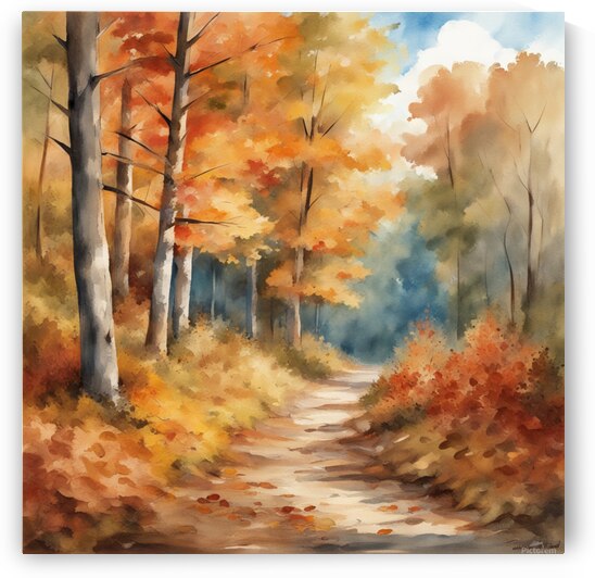 Autumn forest forest path without people beautiful autumn colors nice autumn leaves on the trees leaves on the ground cheerful blue sky with small white clouds beautiful landscape in style of Asher Brown Durand Watercolor style by AIGALLERY