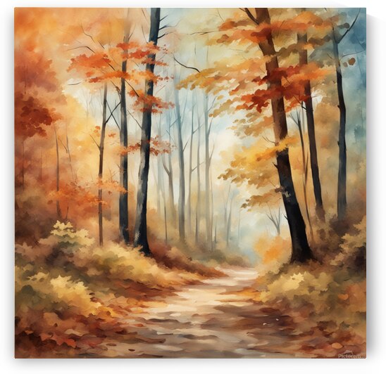 Autumn forest forest path without people beautiful autumn colors nice autumn leaves on the trees leaves on the ground cheerful blue sky with small white clouds beautiful landscape in style of Asher Brown Durand Watercolor style by AIGALLERY