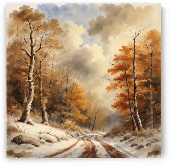Early winter slightly snowy forest road without people still there are autumn leaves on the trees and on the ground beautiful clouds little sunshine lots of brown colors beautiful landscape in style of Asher Brown Durand watercolor. by AIGALLERY