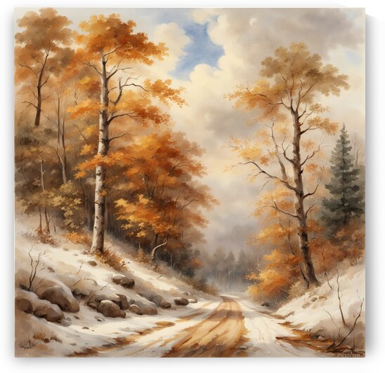 Early winter slightly snowy forest road without people still there are autumn leaves on the trees and on the ground beautiful clouds little sunshine lots of brown colors beautiful landscape in style of Asher Brown Durand watercolor. by AIGALLERY
