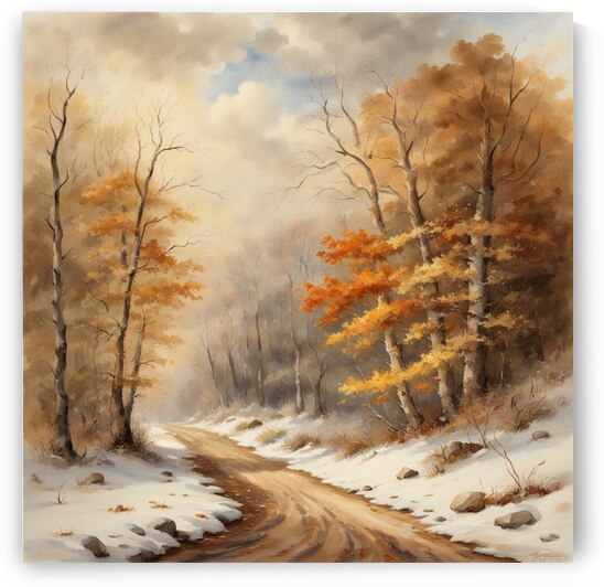 Early winter slightly snowy forest road without people still there are autumn leaves on the trees and on the ground beautiful clouds little sunshine lots of brown colors beautiful landscape in style of Asher Brown Durand watercolor. by AIGALLERY