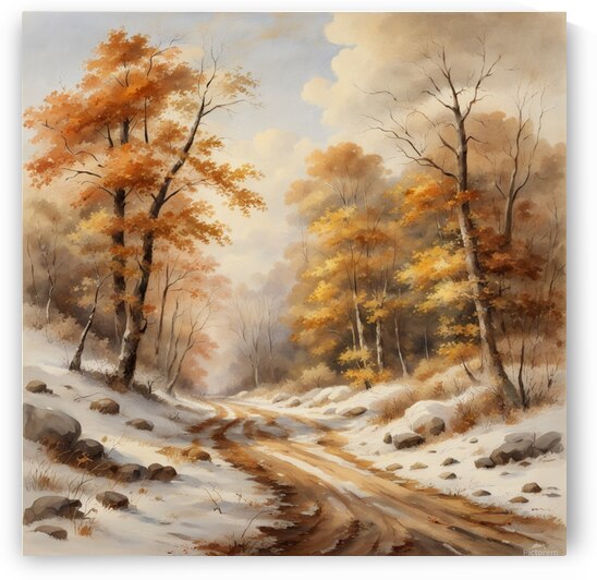 Early winter slightly snowy forest road without people still there are autumn leaves on the trees and on the ground beautiful clouds little sunshine lots of brown colors beautiful landscape in style of Asher Brown Durand watercolor. by AIGALLERY