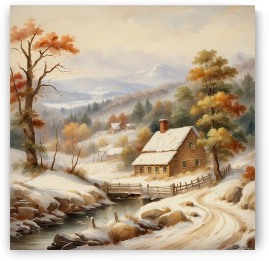 Beautiful colorful snowy hilly rural landscape without people small houses fence road stream some pine style Asher brown Durand watercolor. by AIGALLERY