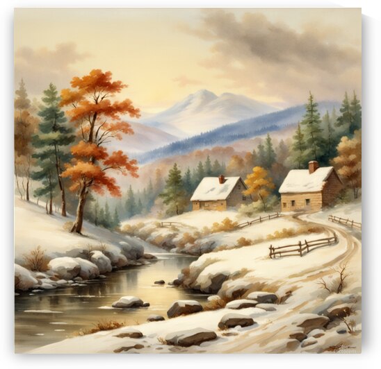 Beautiful colorful snowy hilly rural landscape without people small houses fence road stream some pine style Asher brown Durand watercolor. by AIGALLERY