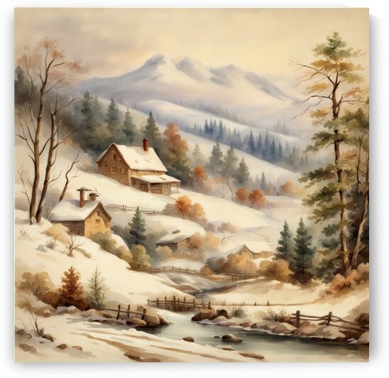 Beautiful colorful snowy hilly rural landscape without people small houses fence road stream some pine style Asher brown Durand watercolor. by AIGALLERY
